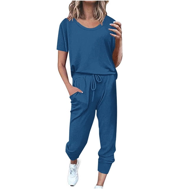 Yuyuzo Womens Workout Sets 2 Piece Short Sleeve Crew Neck T-Shirts Drawstring Jogger Pants with Pockets