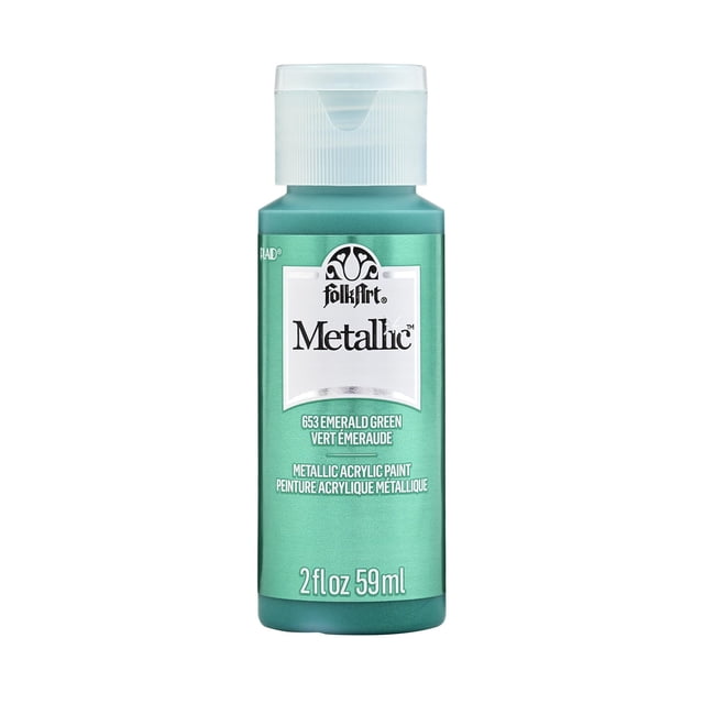 Folkart Metallic Acrylic Paint Emerald Green, 2 fl oz bottle with a shiny emerald green label and white flip-top cap, featuring metallic acrylic paint ideal for arts and crafts, DIY projects, and use on wood, paper, canvas, and more with a smooth, creamy finish.
