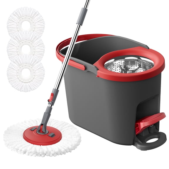 LEDREM Ensemble de Vadrouille Rotative pour Plancher avec Essoreuse à Pédale, Manche Télescopique, 3 Tampons en Microfibre, pour le Nettoyage de la Maison, Rouge et Gris