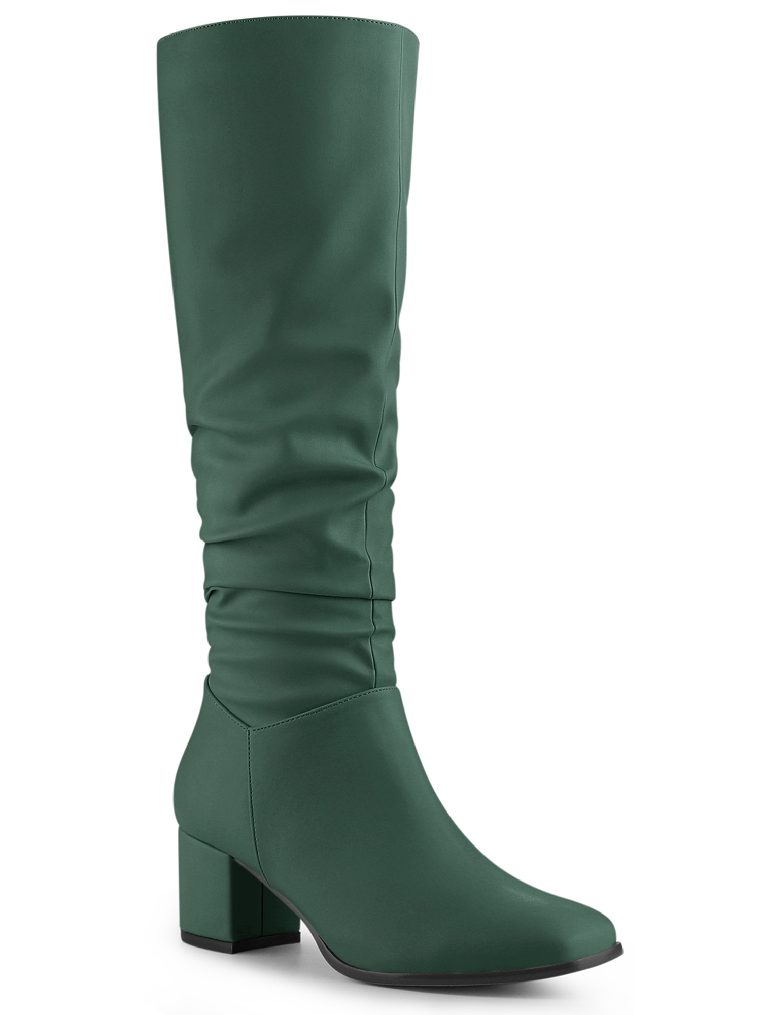 BLISSFUL STEP Halloween Women's Knee High Boots Square Toe Slouch Chunky Heel Dark Green 7