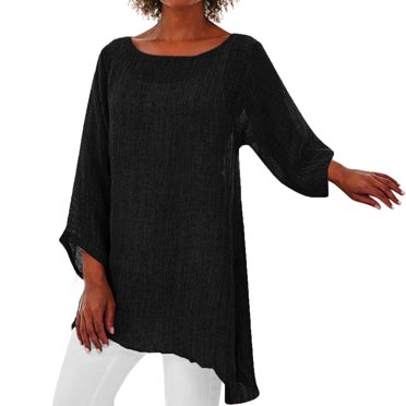 CHUANK T-Shirts pour Femmes Femmes Grande Taille Manches Longues Ourlet Irrégulier Blouse Ample en Lin Chemise Tunique d'Été pour Dames Hauts T-Shirts pour Femmes Noir + US:12-14