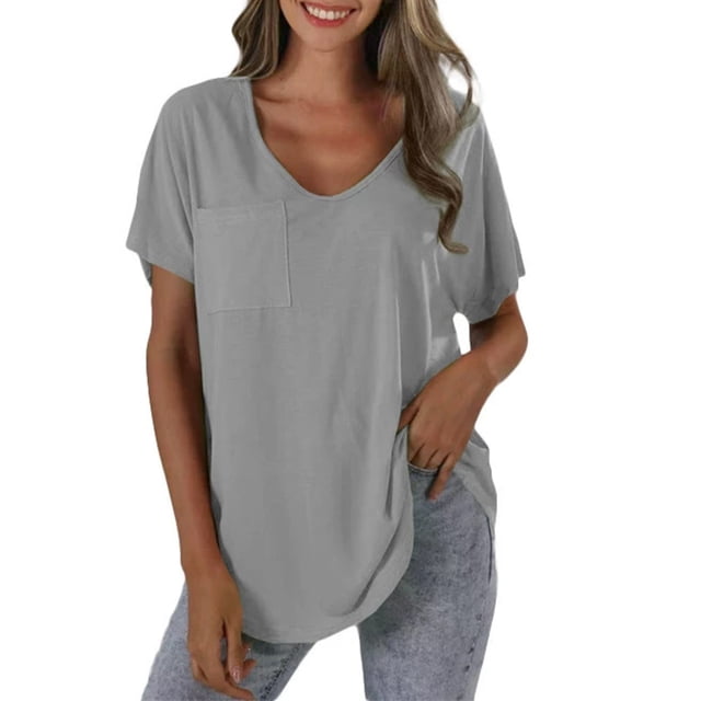 Yubnlvae T-Shirt Décontracté à Poche à Manches Courtes pour Femmes, T-Shirt Décontracté à la Mode pour Femmes Uni avec Poche, Liquidation! Uni, Col Rond, Gris, TTG