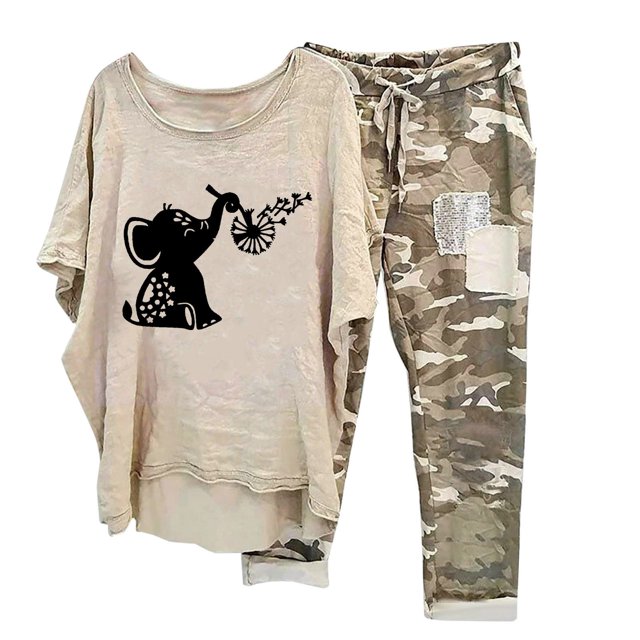 Ensembles d'Été Deux Pièces pour Femmes Imprimé Col Ras du Cou Manches Mi-Longues Chandail à Enfiler Hauts + Pantalon Ensemble de Pantalons Ensembles pour Femmes Tenues 2 Pcs Été en Liquidation