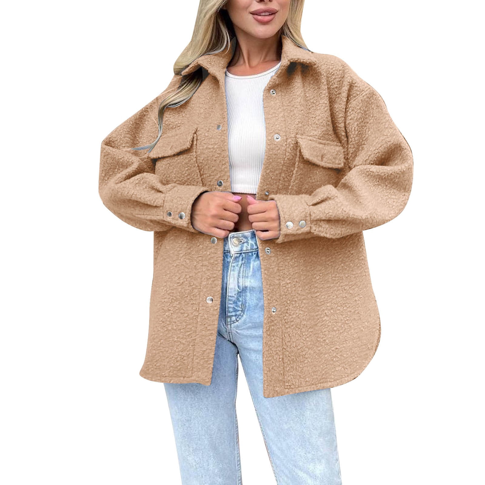 WEIYLL Fleece Jacket Women Shirt Oversized Button Down Long Shacket Pockets Khaki Fall Coats Size XL