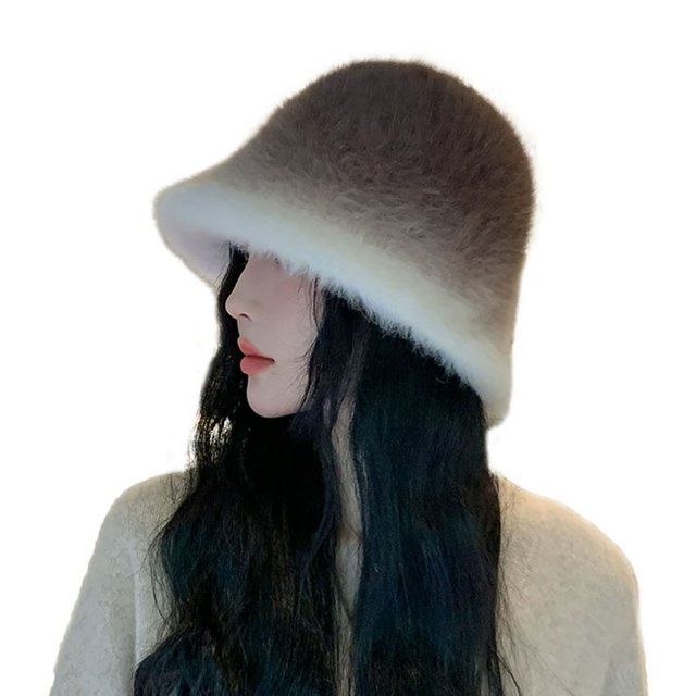 Women Winter Hat Contrast Gradient Color Fuzzy Cozy Plush Anti-slip Decorative Thick Windproof Cold Resistant Basin Hat Travel Cap