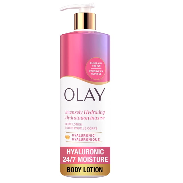 Olay Nourishing & Hydrating Body Lotion with Hyaluronic Acid in a cylindrical bottle with white pump and gold collar, featuring a pink-purple gradient label. This moisturizing body lotion provides 24/7 moisture for dry skin and absorbs deeply for intense hydration.