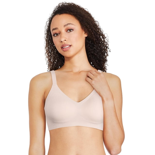 George Women's Bonded Engineered bra in light beige, front view showing wireless V-neckline with adjustable straps, made of stretchy microfibre knit for a smooth silhouette under clothing, featuring removable pads and adjustable hook and eye closure for everyday wear.