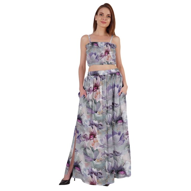 Bimba 2 Pcs Robe de Plage Sexy pour Femmes Imprimée Smockée Crop Top & Longue Jupe Ensemble