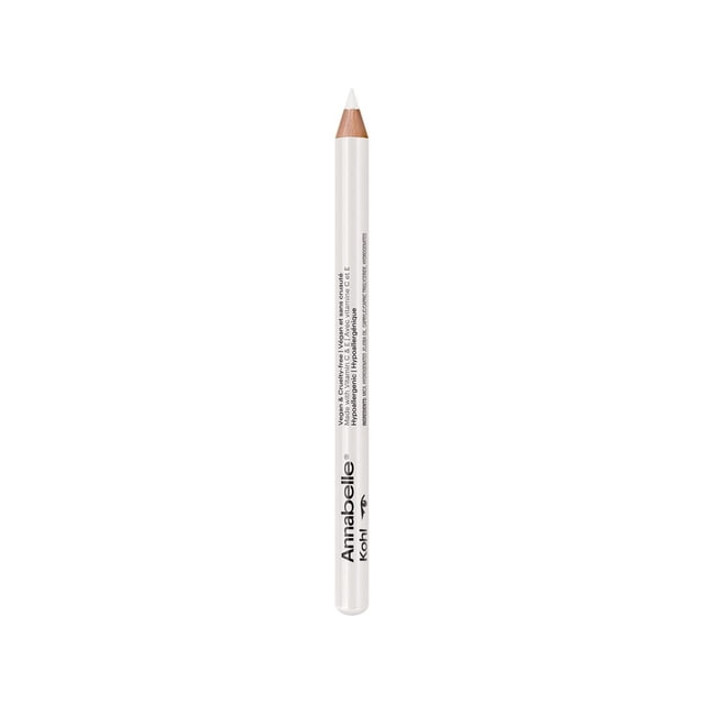 Annabelle Metallic Kohl Long-Lasting & Intense Vegan Eyeliner pencil in white with black printed branding and product details, featuring a smooth, solid formula for precise control, hypoallergenic and suitable for sensitive eyes and contact lens wearers, often used to create unique eye makeup looks.