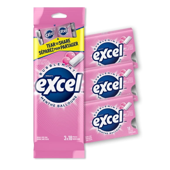 EXCEL, Bubblemint Flavoured Sugar Free Chewing Gum, 18 Pieces, 3 packs