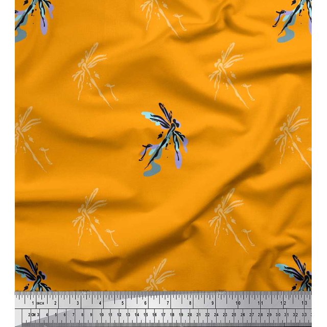 Soimoi Rayon Crepe Fabric Dragonfly & Texture Printed Craft Fabric by the Yard 46 Inch Wide