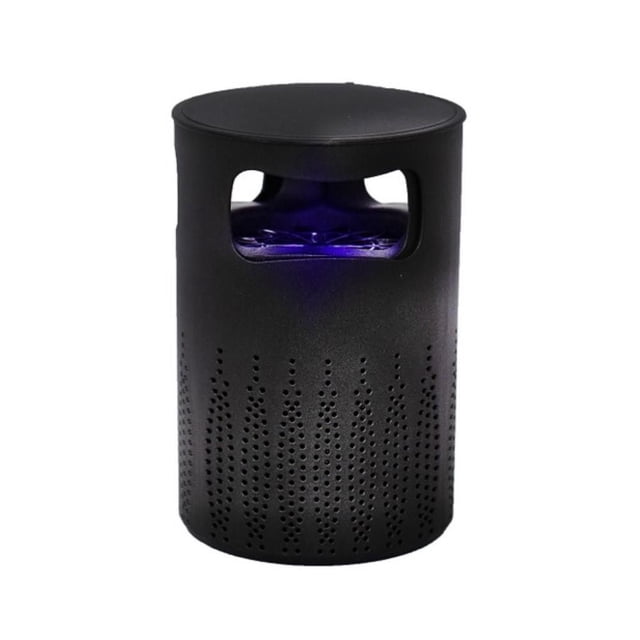 GREENSTRIKE® USB/LED Indoor Mosquito & Flying Insect Trap with a matte black cylindrical body featuring perforated lower sides and a top opening showing six ultraviolet LED lights and a quiet fan inside, USB powered for efficient indoor insect control.