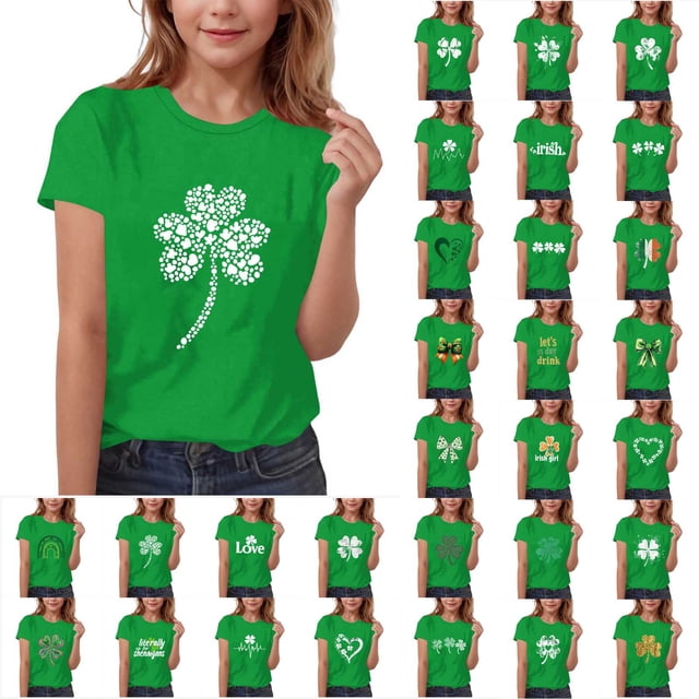 MKOSPLRT T-Shirts Trèfle pour Garçon Fille Fête de la Saint-Patrick T-Shirts à Manches Courtes Col Rond T-Shirts Graphiques avec Nœud Blouses Coupe Ample 3-15 Ans