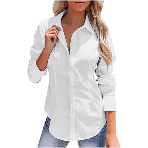 Yigetop Blusas Elegantes Para Mujer Women's Casual Collar Long Sleeve Button Down Blouse Lapel Long Sleeve Cotton Linen Button Down Slim Fit Blouse Shirts for Women Trendy White 2XL