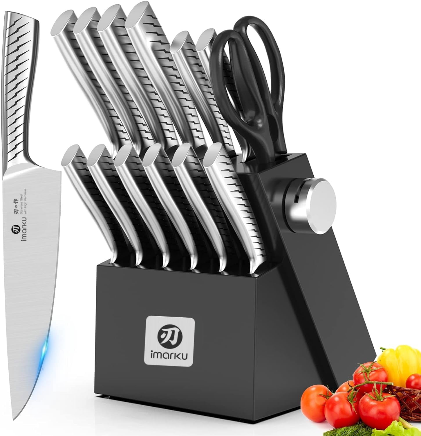 imarku Knife Set with Block, 14 Pcs High Carbon Stainless Steel Kitchen Knife Set, Built-in Sharpener, Dishwasher Safe, Black