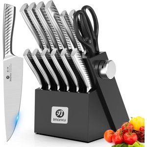 imarku Knife Set with Block, 14 Pcs High Carbon Stainless Steel Kitchen Knife Set, Built-in Sharpener, Dishwasher Safe, Black
