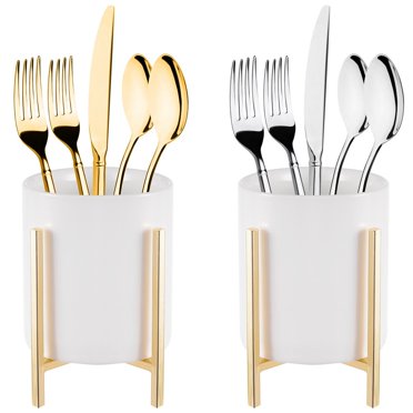 2Pcs Sturdy Cutlery Holders, White Ceramic Cup with Golden Metal Bracket, Robust Silverware Caddy, Round Utensil Crock for Countertop, Desktop Flatware Organizer for Kitchen
