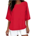 thumbnail image 3 of QATAINLAV Économies d'Automne, T-Shirts Surdimensionnés pour Femmes Manches 3/4 Col Ras du Cou Hauts Décontractés Amples T-Shirts Basiques Blouse en Coton et Lin Tenues Tendance Été 2025 Rouge TTTG, 3 of 5