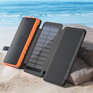 20000mAh Solar Power Bank, Efficient Wireless Power Bank with Tri Fold Solar Panel & LED Light & Double USB Output, Waterproof External Battery Pack for Phone Tablet Outdoor