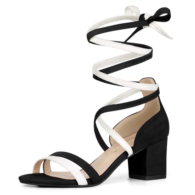 BLISSFUL STEP Women's Open Toe Color Block Lace Up Heel Sandals