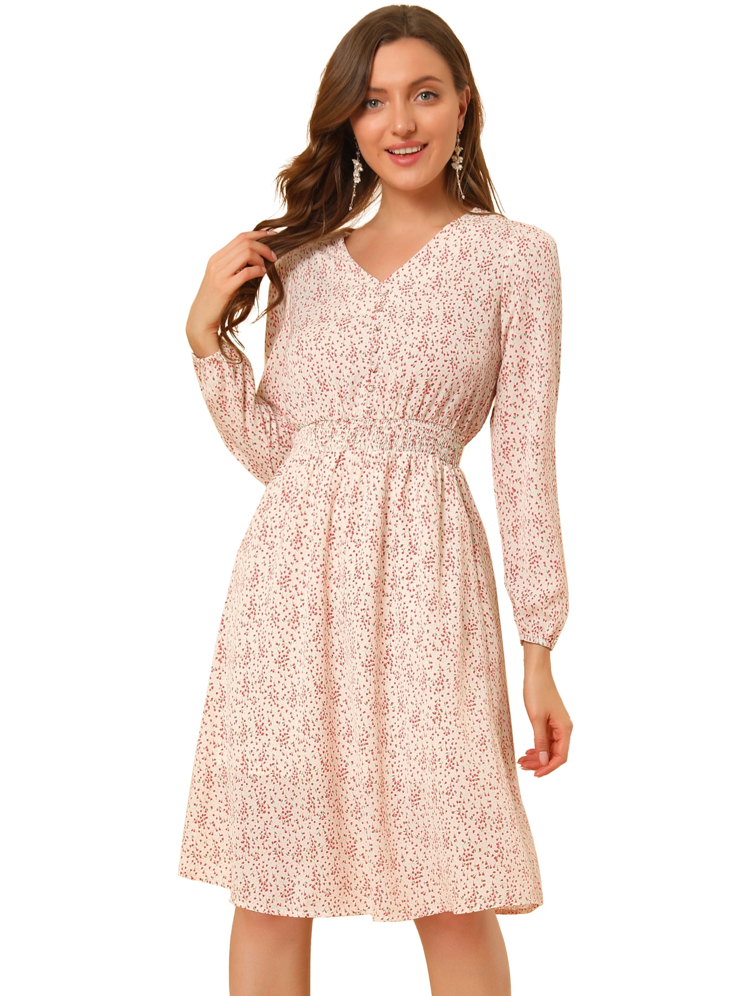 INSPIRE CHIC Robe Midi Évasée à Manches Longues à Col en V à Imprimé Floral pour Femme Blanc-Rouge Floral S