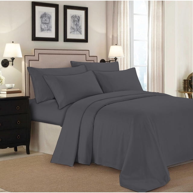 Johnson Home Ensemble de Literie Housse de Couette en Gris Foncé percale de Coton Peigné Ultra-Fin avec Taies d'Oreiller Assorties, Exposé sur un Lit avec Tête de Lit Rembourrée beige dans une Chambre avec Table de Nuit Noire, Appliques Murales et Imprimés Architecturaux Encadrés, Convient pour un Entretien Facile et une protection contre les Allergènes.