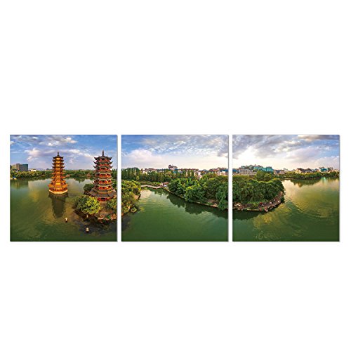 Furinno Senia Sun & Moon 3-Panel MDF Framed Photography Triptych Print, 48" x 16", Twin Pagodas