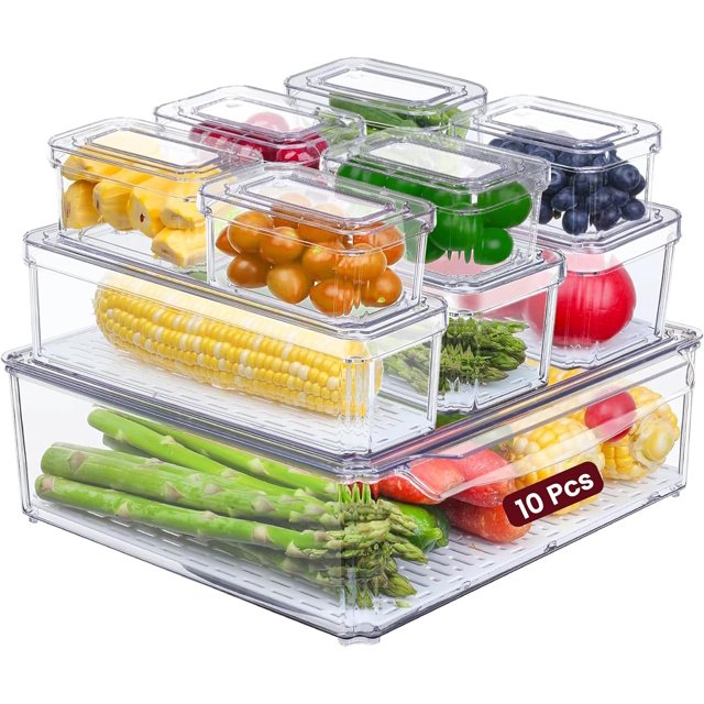 Fridge Organizer, Stackable Refrigerator Organizer Bin with lids, Clear Plastic Pantry Organizer Bins, Freezer Organizers Kitchen Storage and Organization for Fruits, Vegetable (10pack)