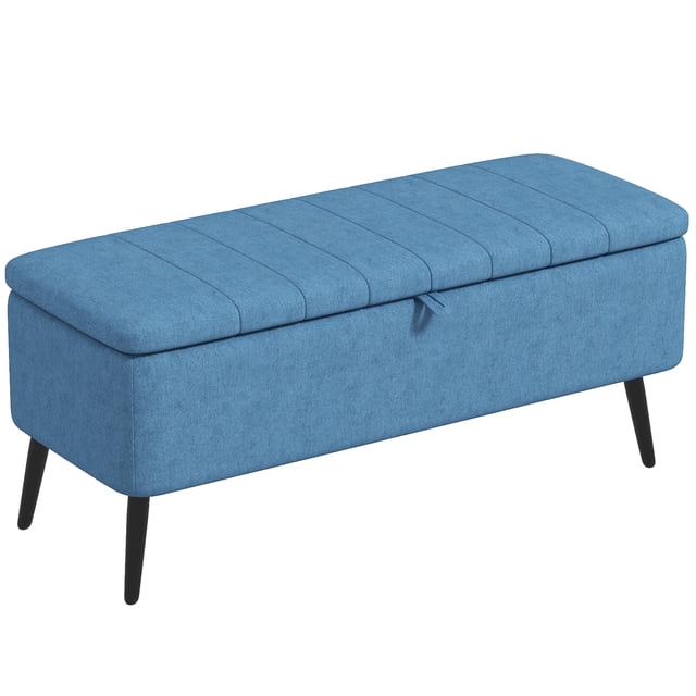 HOMCOM Ottoman Banc de Rangement en Tissu de Lin Bleu Foncé avec Couvercle Relevable et Rangement Dissimulé. Doté d'Un Siège Rembourré avec Surpiqûres Verticales, de Pattes en Acier Noires et d'Un design Multifonction Adapté pour Servir de Repose-Pieds, de Banc d'Entrée Ou de Banc de Bout de Lit. Idéal pour les Meubles de Salon. Dimensions : 40,2 Pouces de Large, 15,7 Pouces de Profondeur et 17,3 Pouces de Hauteur.