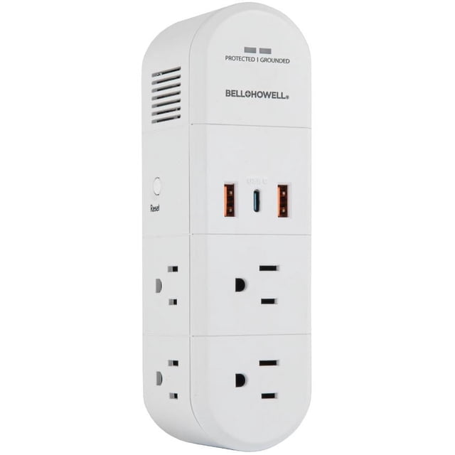 Bell + Howell Swivel Power Surge Protector 9-Device Charging Station with 180° Swivel Plug, featuring six AC outlets, one USB-C port, and three smart USB ports for simultaneous charging. The compact white design includes a 180-degree swivel plug for easy access in tight spaces and built-in surge protection to safeguard electronics. Ideal for home offices, kitchens, and entertainment centers.
