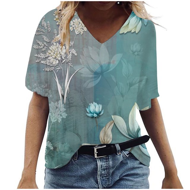 Birdeem T-Shirt à Col en V pour Femmes, Mode Décontractée, Grande Taille, Imprimé de Fleurs Pittoresques