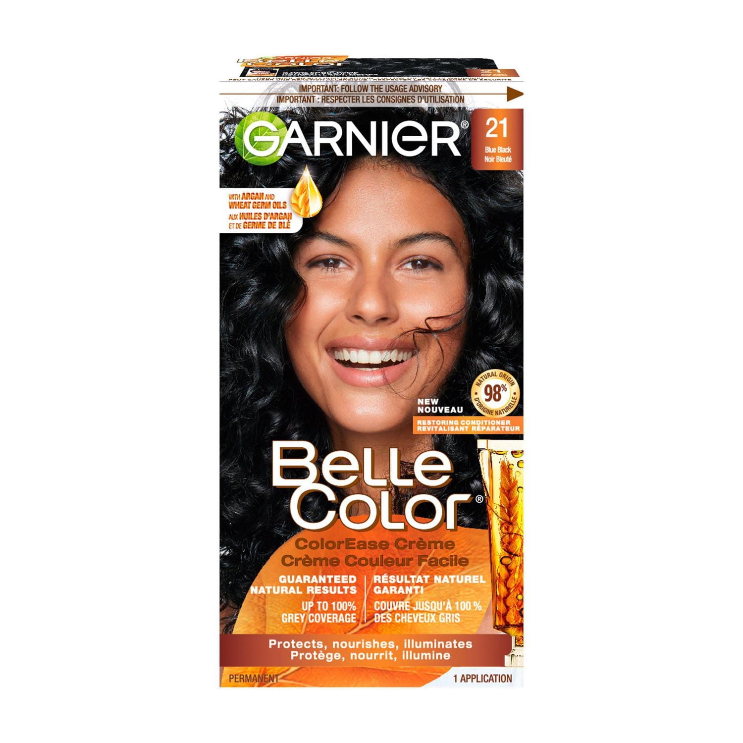 Garnier Belle Color Coloration Permanente, 21 Noir Bleuté, Couverture du Gris à 100%, Enrichi aux Huiles d'Argan et de Germe de Blé - 1 Application