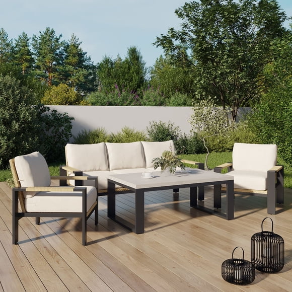 Ensemble causerie extérieur en acier 4 pièces Ventura Better Homes & Gardens avec coussins et housse de patio, beige