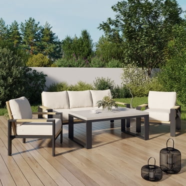 Ensemble causerie extérieur en acier 4 pièces Ventura Better Homes & Gardens avec coussins et housse de patio, beige