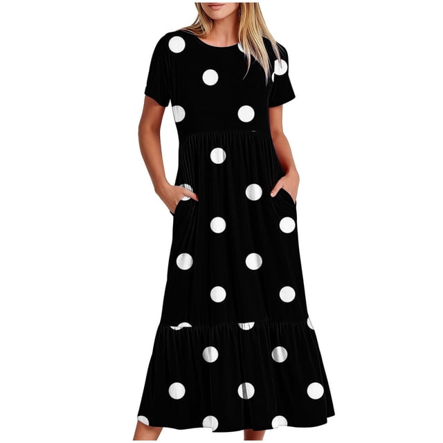 Tumotour Robe d'Été pour Femmes, Imprimée, Ample, Décontractée, à Manches Courtes, Col Ras du Cou, Ligne A, Évasée, Fluide, à Étages, Chemise, Maxi, Plage, Longue, 2025, Tenues Tendance avec Poches