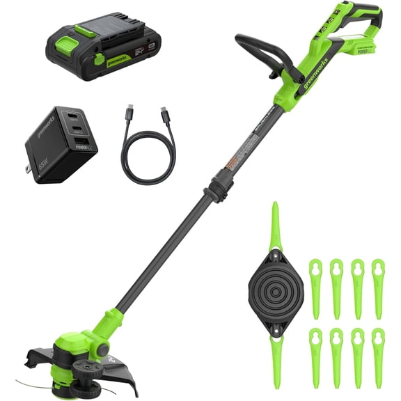 Greenworks Ensemble de Taille-Bordures Sans Balais 24V 12 Pouces, Taille-Bordures/bordure 2-en-1, Arbre Ajustable, Batterie USB-C 3,0ah, Chargeur USB-C 65W, 10 Lames, 5,25 Lb (Sans Batterie), Garantie de 3 Ans