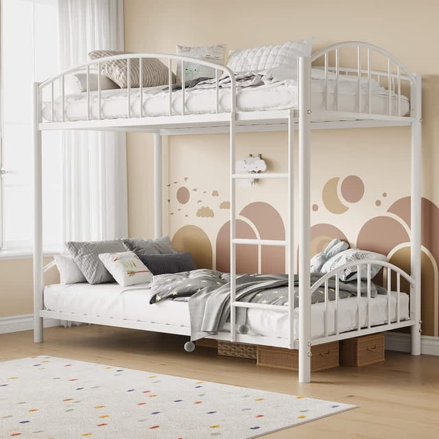 Bingirl White Metal Twin - Over - Twin Bunk Bed: Heavy - Duty Frame with Arched Guardrail and Safety Ladder for , Space - Saving, No Box Spring Needed