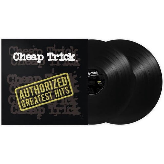 Disque Vinyle Autorisé « Greatest Hits » par Cheap Trick, Comprenant 18 Pistes Classiques, Y Compris « I Want You To Want Me », « Surrender » et « The Flame. » la Pochette de l'Album Affiche le Nom du Groupe en Texte Blanc Gras avec une Superposition de Tampon « Autorized Greatest Hits » Jaune. Comprend des notes de Doublure Piste par Piste du Groupe. Sorti sous l'Étiquette EPIC/LEGACY.