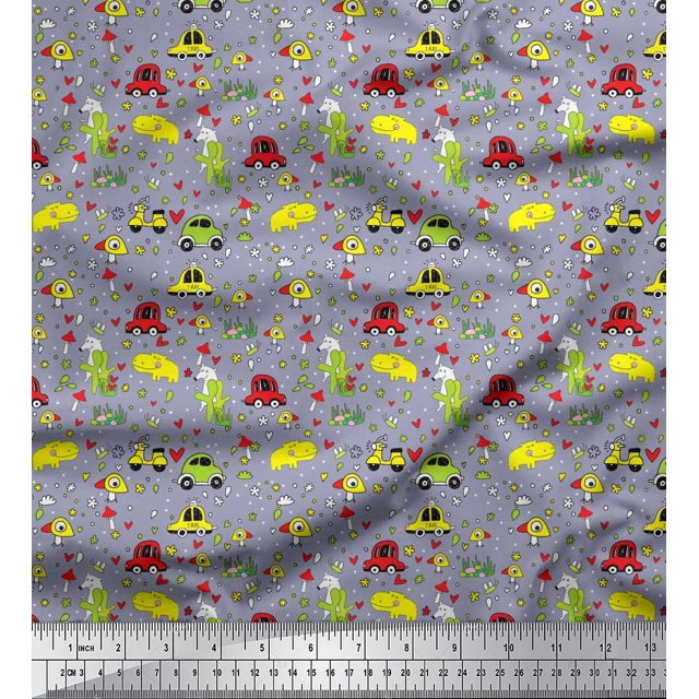 Soimoi Modal Satin Fabric Heart,Vehicles & Animals Cartoon Print Fabric by The Yard 42 Inch Wide
