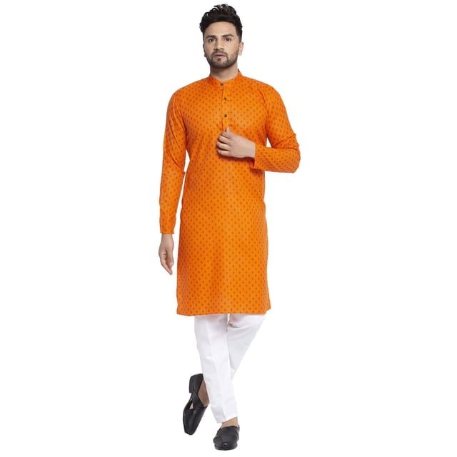 Cotton Kurta Pajama Indian Traditional Printed Men (Orange, XXL)
