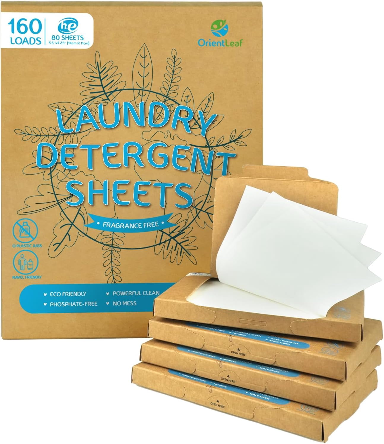 OrientLeaf Laundry Detergent Sheets Fragrance Free, Eco-Friendly, Powerful Cleaning, Up to 160 Loads (80 Sheets), Hypoallergenic Laundry Soap Sheets for Travel and Home Washing