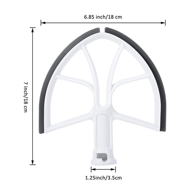 Silicone Edge Beater Paddle Bowl-Lift Stand Mixer Home Kitchen Mixing Attachment Replacement for KitchenAid 6-Quart. The beater paddle features a white frame with black silicone edges for efficient mixing. Dimensions are 6.85 inches (18 cm) wide, 7 inches (18 cm) tall, and 1.25 inches (3.5 cm) at the base. Designed for KitchenAid 6-quart bowl-lift stand mixers.