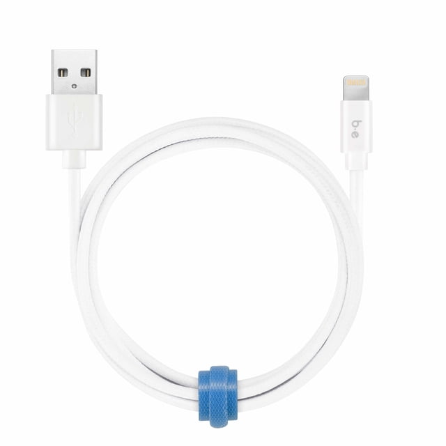 Blu Element Câble Tressé de Charge/synchronisation Lightning vers USB-A 4 Pi Blanc, Enroulé avec un Attache-Câble Bleu, Doté d'Un Extérieur Tressé Blanc durable, Connecteur Mâle USB-A à une Extrémité et Connecteur Lightning Mâle à l'Autre, compatible avec Tous les Chargeurs USB pour Voiture et Mur pour une Recharge Rapide et la Synchronisation des Données.