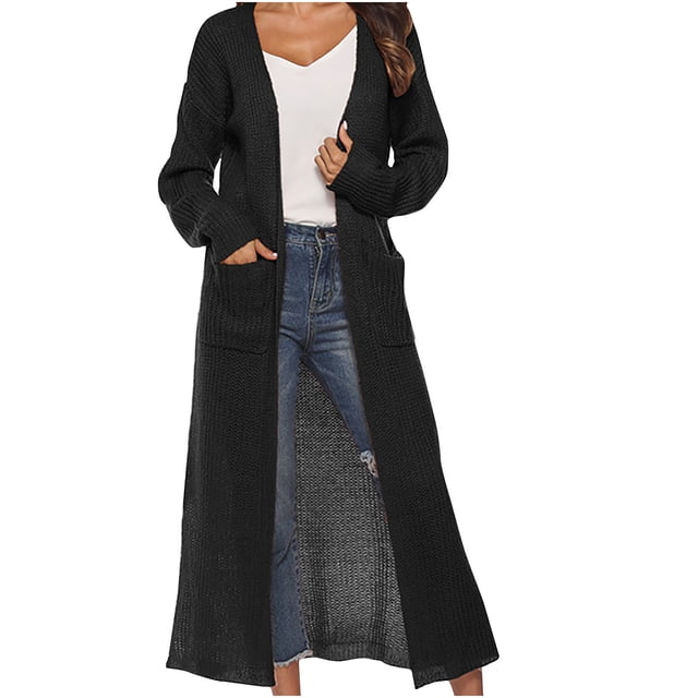Yuyuzo Womens Maxi Cardigans Long Sleeve Open Front Ribble Knit Solid Color Sweater Outwear Coat Cardigan in X-Large size, featuring a breathable ribbed knit design in a long silhouette with front pockets. Ideal for layering over casual outfits like jeans and a white top during colder seasons.