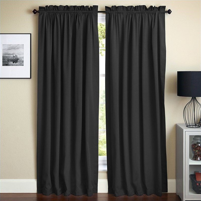 Blazing Needles Twill Drapery Panel Set with 3" Rod Pockets and Tiebacks (Set of 2), 84" by 52", Black