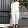 thumbnail image 2 of Yuyuzo Ensembles d'Été pour Femmes en Coton et Lin 2 Pcs Haut à Manches Mi-Longues Col Ras du Cou Pantalon à Jambe Droite Ensembles de Détente Assortis, 2 of 6