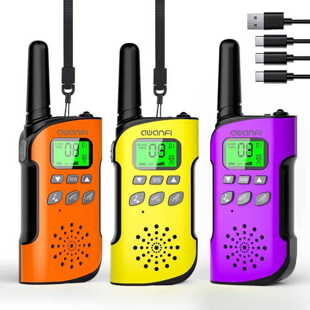 AWANFI Walkie Talkies Rechargeable 3 Pack for Adults Kids, featuring three compact two-way radios in orange, yellow, and purple. Each device has a backlit display, built-in LED flashlight, and buttons for SOS, menu, and lamp functions. Includes 22 channels, 99 privacy codes, and VOX hands-free operation. Comes with lanyards, belt clips, and a 3-in-1 USB Type-C charging cable.