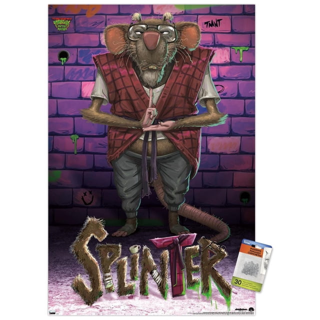 Chaos Mutant Les Tortues Ninja : - Affiche Murale Splinter, 22,375 Pouces x 34 Pouces, Représente Splinter, un rat Anthropomorphe Portant des Lunettes, un Gilet à Carreaux Rouges, une Chemise Blanche et un Pantalon Gris, Debout devant contre un Mur de Briques graffiti Violet. le Nom à Texture Duveteuse « Splinter' Est Exposé au Bas. Cette Affiche Brillante Convient à l'Art Mural et à la Déco de Pièce dans les Chambres, les Bureaux Ou les Dortoirs.
