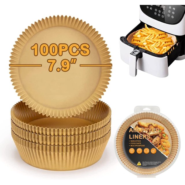 Air Fryer Parchment Paper Liners, Air Fryer Disposable Paper Liner Round 7.9 Inch Liner Pads, Non-Stick Disposable Unbleached Baking Paper for Air Fryer, Baking Roasting Microwave (100PCS)