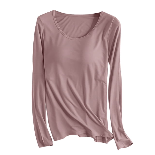 AherBiu Hauts de Pyjama pour Femmes avec Soutien-Gorge Intégré Chandails Doux à Manches Longues Col Ras du Cou Automne Haut de Pyjama Confortable Vêtements de Nuit